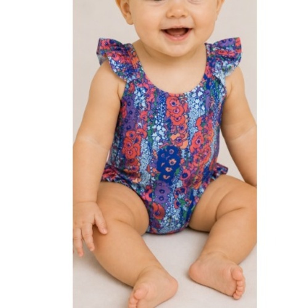 Kate‎ Quinn Baby Vivid Hollyhocks Snap Side Ruffle Tank Swimsuit 12-18M NWT
